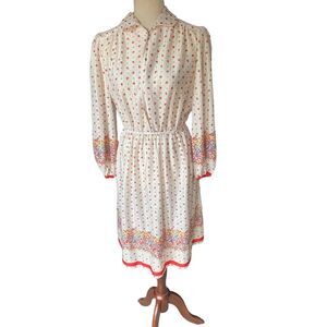 70s Vintage Secretary Dress White Red Floral Hippie Calico Small Medium